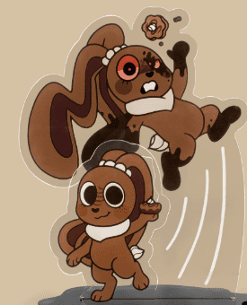 Cocoa from Dandy's World acrylic standee featuring her cheerful chocolate bunny Toon form throwing a donut.