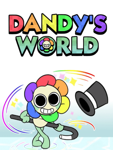 Dandy from Dandy's World tipping a black top hat while holding a cane in a colorful character illustration.