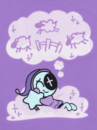 Astro from Dandy's World sleeping on a cloud and dreaming about jumping sheep.