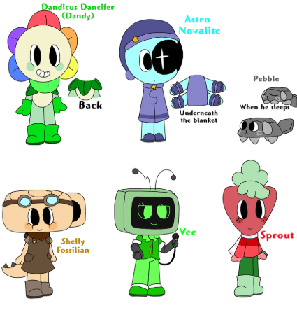Character reference sheet for Dandy's World featuring Dandy, Astro, Pebble, Shelly, Vee, and Sprout.