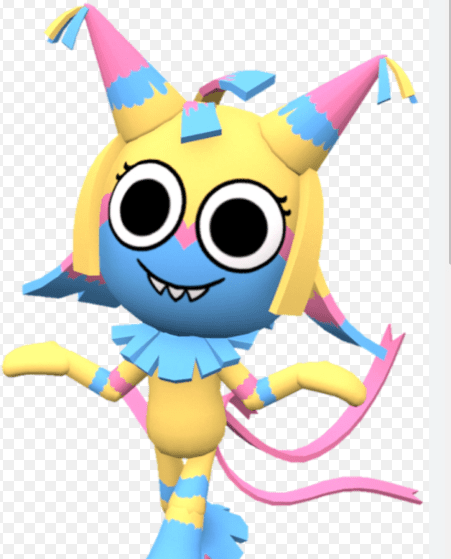 Yatta the Piñata character from the Roblox game Dandy's World featuring a yellow, blue, and pink color scheme.