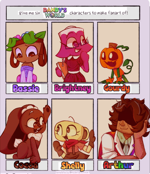 Dandys World fanart grid challenge six toons Bassie Brightney Gourdy Cocoa Shelly Arthur cute illustrated character lineup
