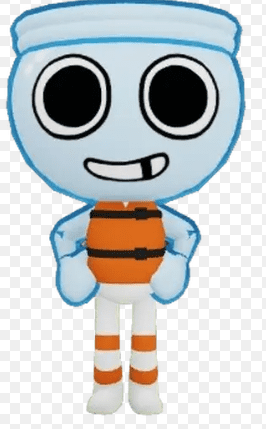 3D cartoon character with a light blue bowl-shaped head and large black eyes wearing an orange life vest.