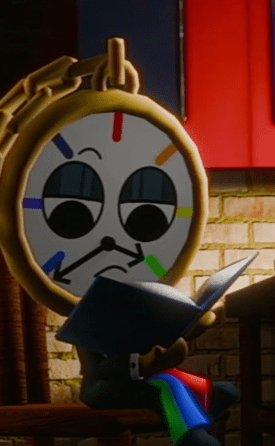 3D render of a cartoon clock character sitting on a wooden chair and reading a blue book in a dimly lit room.
