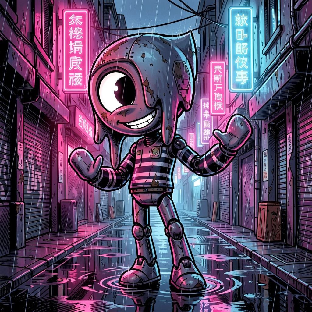 Blot the Mime in Dandy's World wearing a black and white striped shirt and classic white gloves.