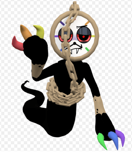 Cartoon clock character wearing a red and green striped holiday sweater and black pants holding a gold chain.