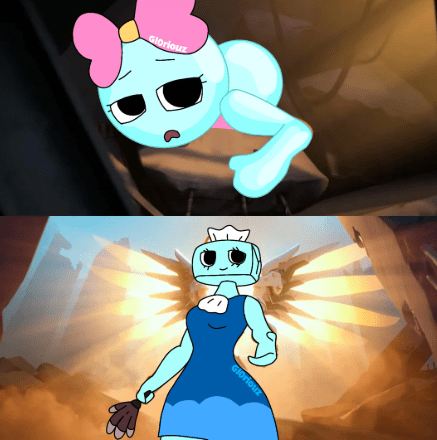 Cartoon illustration of Poppy from Dandy's World reaching out while Tisha descends with glowing wings.