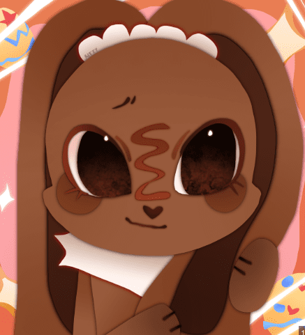 Close-up fan art of Cocoa from Dandy’s World, a brown chocolate bunny character with long ears, a dark brown heart nose, and chocolate drizzle between her eyes.