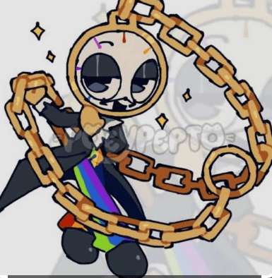 Hand-drawn illustration of a cartoon clock character wrapped in oversized gold chains with a smug expression.