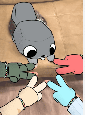 Dandy's World Pebble Toon, small grey pebble character with big black eyes surrounded by four cartoon character hands