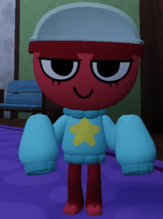 Dandy's World Roblox Rodger character closeup, red Toon with sleepy white eyes grey helmet yellow star on blue sweater purple floor