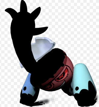 Dandy's World Roblox Twisted Rodger enemy, dark crawling monster with red eyes black shadow form blue star shirt remnant and raised hand