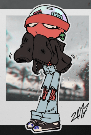Dandy's World Rodger urban style fan art, cartoon red Toon in wide leg jeans oversized hoodie and dome cap with alien earring