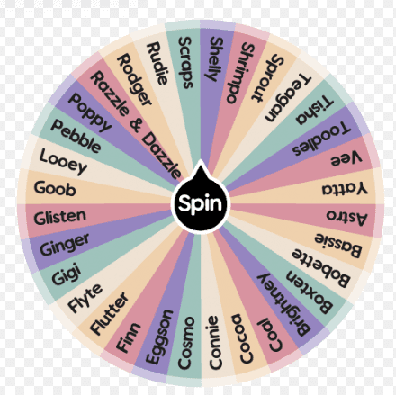 Dandy's World mega randomizer wheel featuring an expanded list of Toons including Boxten, Glisten, and Tisha.
