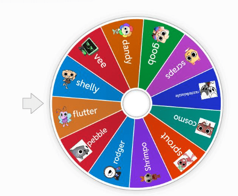 Dandy's World randomizer wheel featuring characters like Dandy, Goob, and Shelly for a Roblox game challenge.