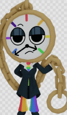 "Cartoon clock man character wearing a black suit and rainbow tie posing confidently with a gold chain."
