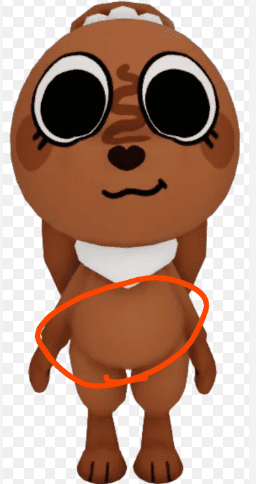 Full-body 3D model of Cocoa from Dandy’s World, a brown chocolate bunny character with a round stomach, heart-shaped nose, and white neck frill.