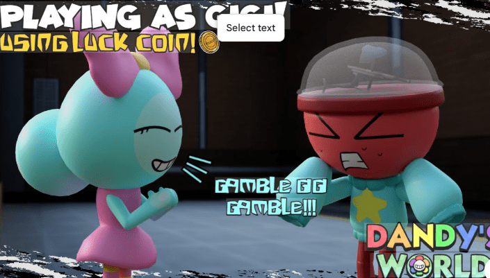 Glisten and Rodger Dandy's World gameplay thumbnail, teal bunny Toon laughing at angry red Rodger with Gamble GG text overlay