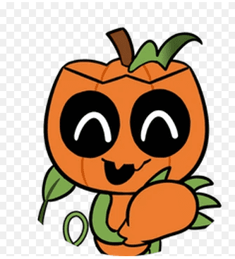 Gourdy Dandy's World character, cute cartoon pumpkin Toon with big black eyes and green leaves
