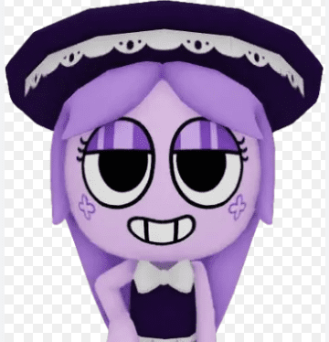 Lilac Haunting Connie skin from Dandy's World Roblox, featuring a purple ghost with a star pattern on her cheeks, a dark purple hat with lace, and a white bow tie.