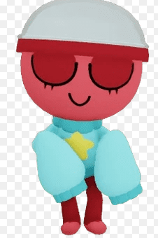 Rodger Dandys World idle animation pose, smug red Toon with closed eyes dome helmet light blue puff sleeve star shirt