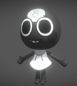 "Toodles, a black 3D 8-ball character from the Roblox game Dandy's World, standing in a t-pose wearing a white hooded dress."