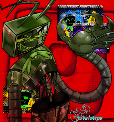 Vee Dandys World fanart green TV head toon with glowing eyes and bow full body character design
