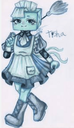 Tisha from Dandy's World wearing a black and white maid outfit and holding a feather duster.