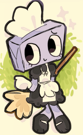 Tisha from Dandy's World wearing her signature lavender maid outfit and holding a cleaning duster.