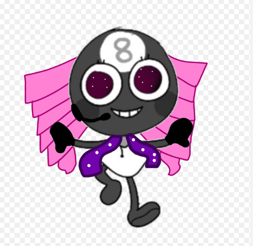 "Toodles from Glisten’s World, a black anthropomorphic 8-ball character wearing a purple star-patterned vest and a headset microphone against a pink winged backdrop."