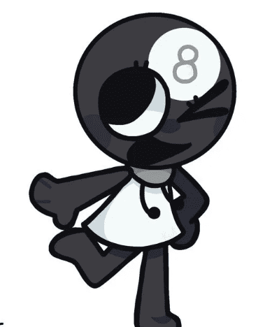 Toodles from Dandy’s World, a cute black 2D 8-ball character with large eyes, wearing a white hooded dress in a playful pose.