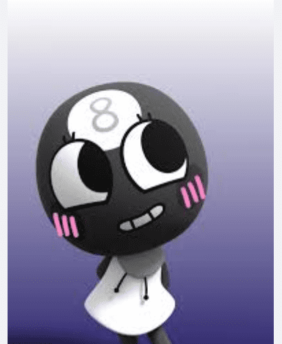 Toodles from Dandy's World, a cute gray 8-ball character with large eyes, pink blushing cheeks, and a white hooded dress.