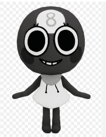 Toodles from the Roblox game Dandy's World, a cute 3D 8-ball character with large eyes, a wide smile, and wearing a white hooded dress.

