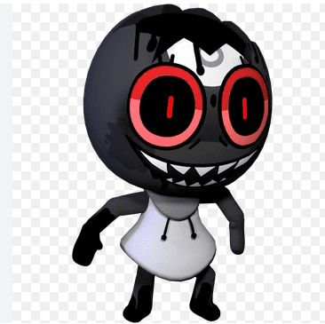 Twisted Toodles from Dandy’s World, a creepy gray 8-ball character with a cracked head, sharp-toothed grin, and glowing red eyes.