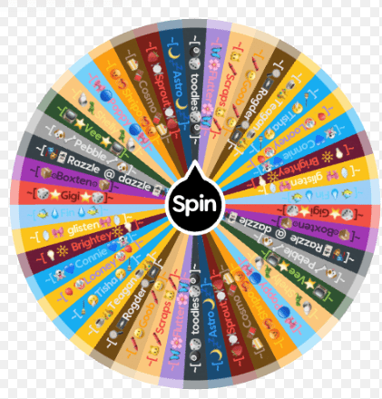 A colorful digital "Spin the Wheel" random picker featuring various character names and icons in a circular layout.