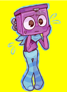 Dandy's World Boxten fanart nervous purple square character sweating with worried expression and blue striped legs illustration

