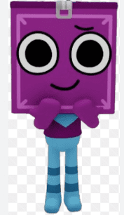 Dandys World Poppy cute purple box toon with big black eyes and blue striped pants
