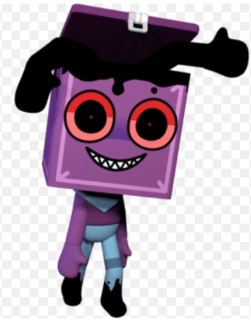 Dandy's World Boxten twisted form purple square character with red eyes and sharp teeth scary monster
