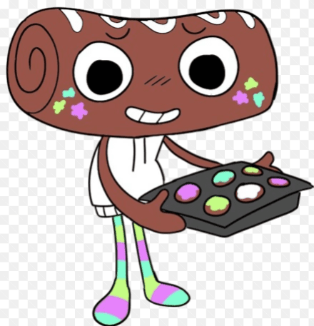1. Cosmo Dandy's World character — brown roll cake Toon holding a baking tray of colorful cookies
