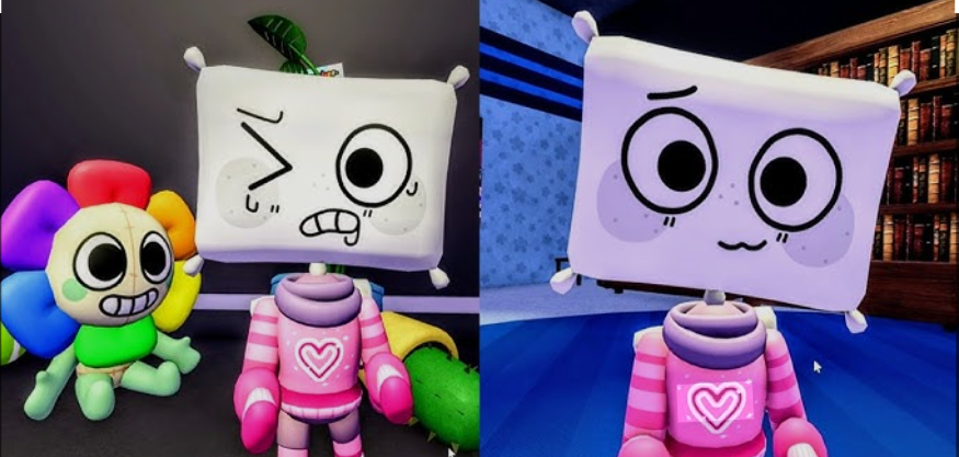 Dandys World custom OC white pillow head character in pink striped bodysuit with heart two face expressions in game