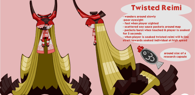 Twisted Reimi Dandys World OC concept art tall yellow flowing toon with red samurai helmet soy sauce packet mechanic design sheet

