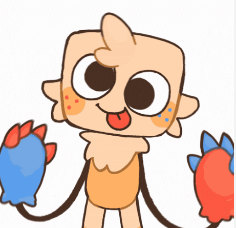 Goob Dandys World fanart cute happy expression beige fluffy craft toon with mismatched blue and red claw paws tongue out
