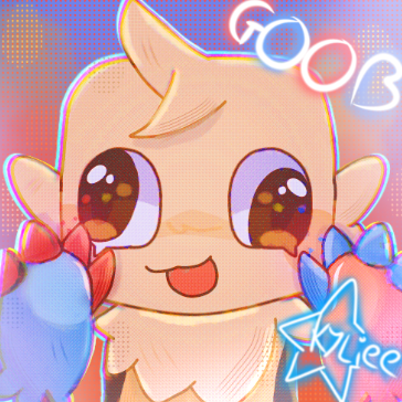Goob Dandys World fanart cute happy expression beige fluffy craft toon with mismatched blue and red claw paws tongue out
