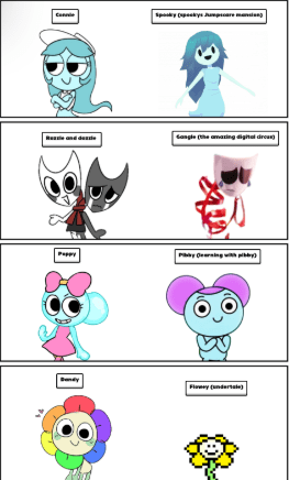 Fan art compilation featuring Cosmo, Spooky from Spooky's Jumpscare Mansion, Razzle and Dazzle, Google from The Amazing Digital Circus, Poppy, Pibby from Learning with Pibby, Dandy, and Flowey from Undertale
