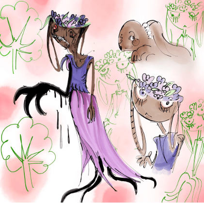 Dandy's World Bassie character design showing a tall, thin figure in a purple top and long pink skirt.