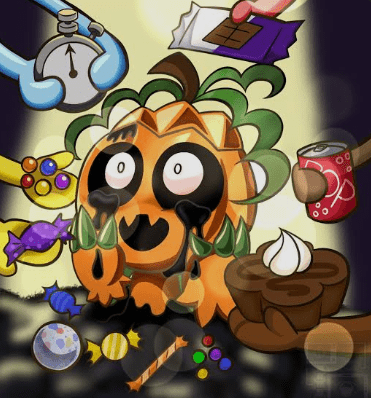 Gourdy Dandy's World fan art, scared orange pumpkin Toon surrounded by candy chocolate soda and sweet treats