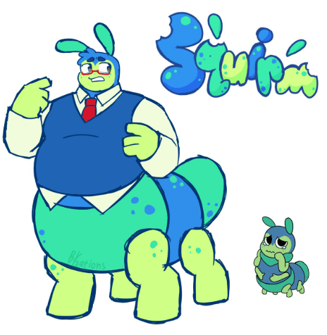 Dandy's World Squirm human form fanart large blue green caterpillar toon wearing blue vest red tie and glasses with tiny chibi Squirm