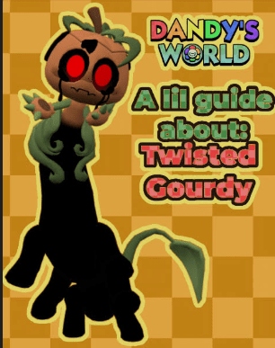 Twisted Gourdy Dandy's World guide thumbnail, creepy pumpkin monster with red eyes and black shadow body on checkered background