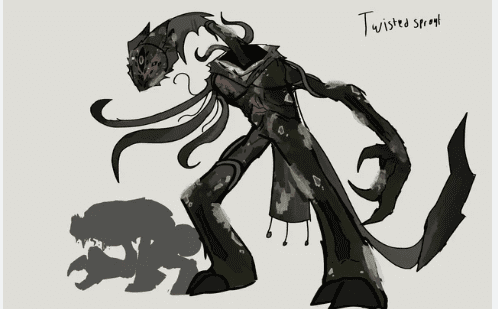 Dandy's World Twisted Sprout PFP detailed monster art tall dark figure with red eyes vine like tendrils torn coat sharp claws and crouching shadow