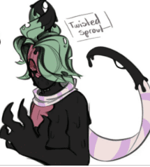 Dandy's World Twisted Sprout PFP sketch fanart humanoid dark character with green hair pink striped scarf and long curved tail
